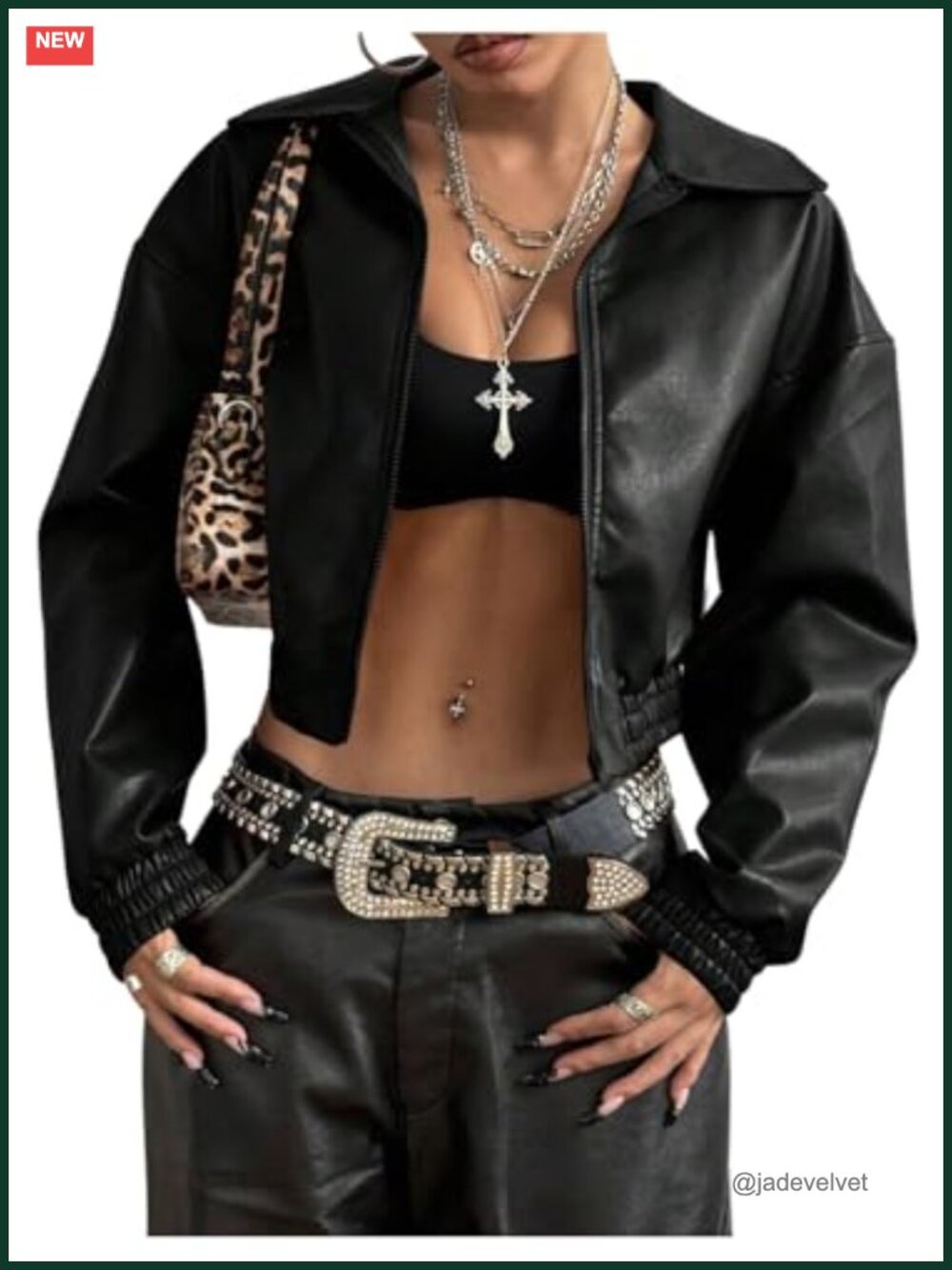 Faux PU Leather Jacket Crop Zip Up Motorcycle Coat Long Sleeve Drop Shoulder